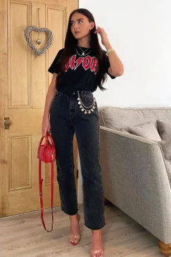 Rebellious Fashion Washed Black Wide Leg Denim Jeans - Annalya