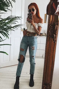 Rebellious Fashion Washed Blue Distressed Jeans - Gilly