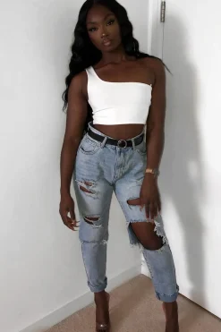 Rebellious Fashion Washed Blue Distressed Jeans - Gilly