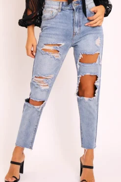 Rebellious Fashion Washed Blue Distressed Jeans - Gilly