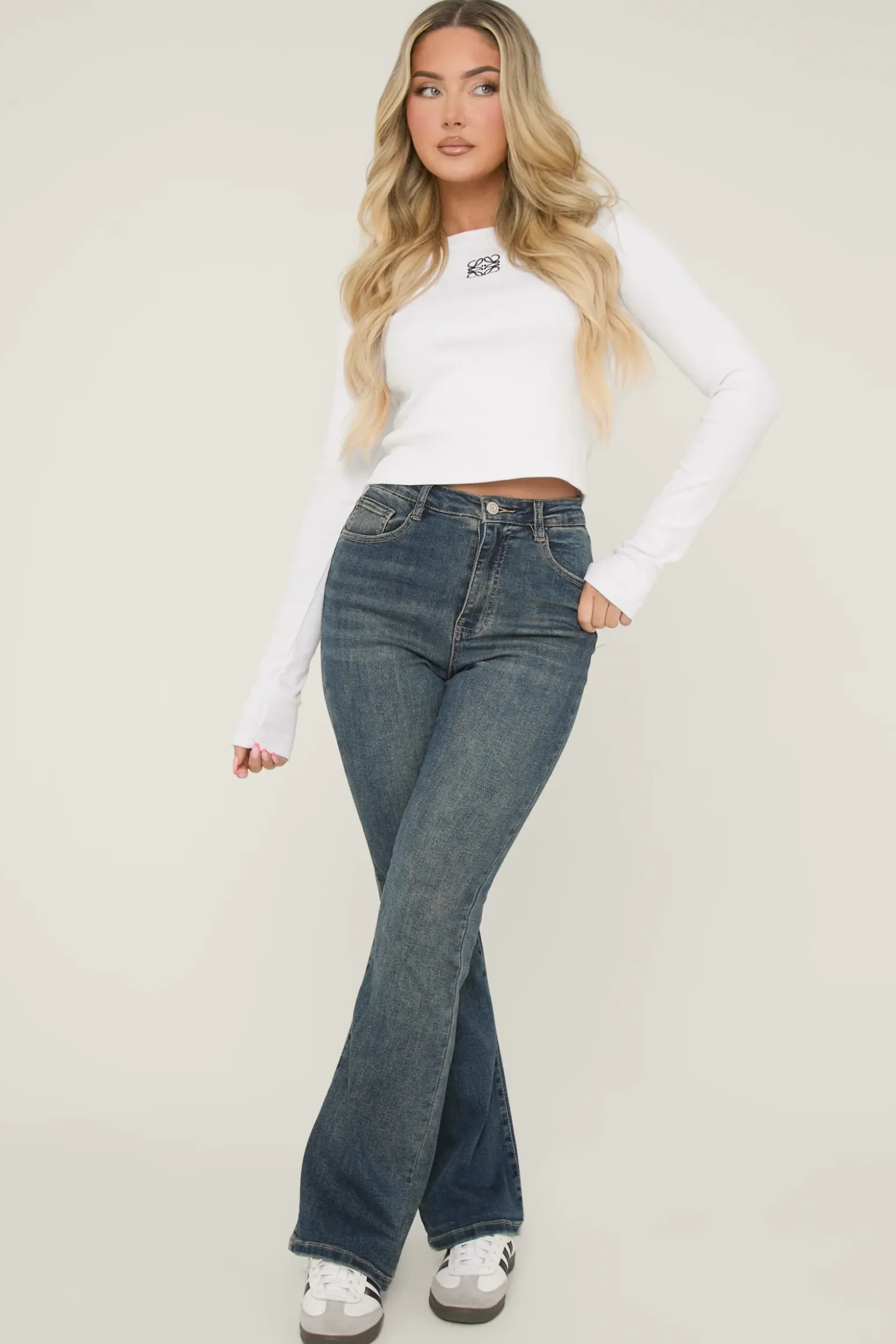 Rebellious Fashion Washed Blue High Waist Kick Flare Frayed Hem Denim Jeans - Aspen