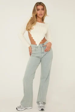 Rebellious Fashion Washed Blue Stretch Frayed Hem Jeans - Scarlett