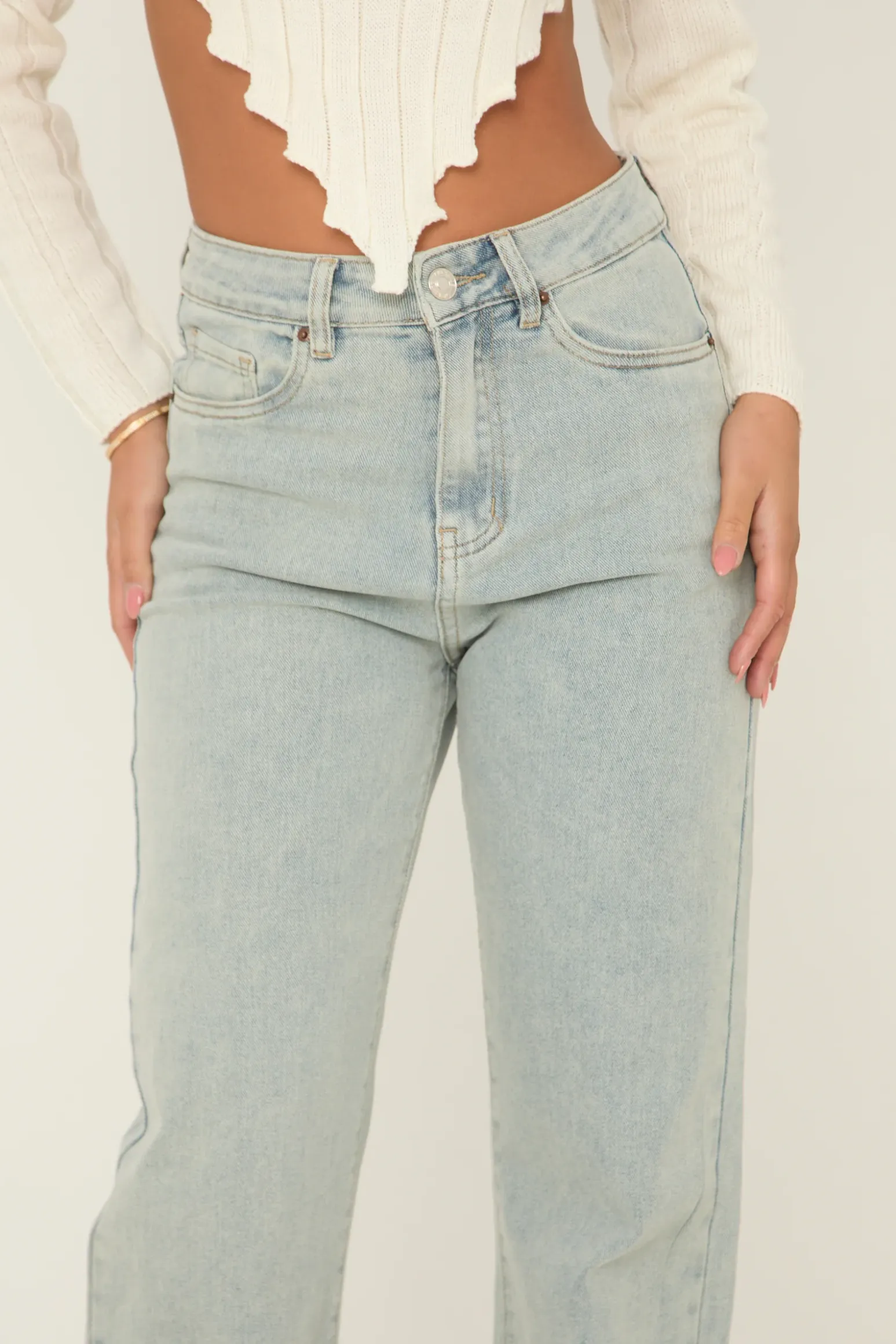 Rebellious Fashion Washed Blue Stretch Frayed Hem Jeans - Scarlett