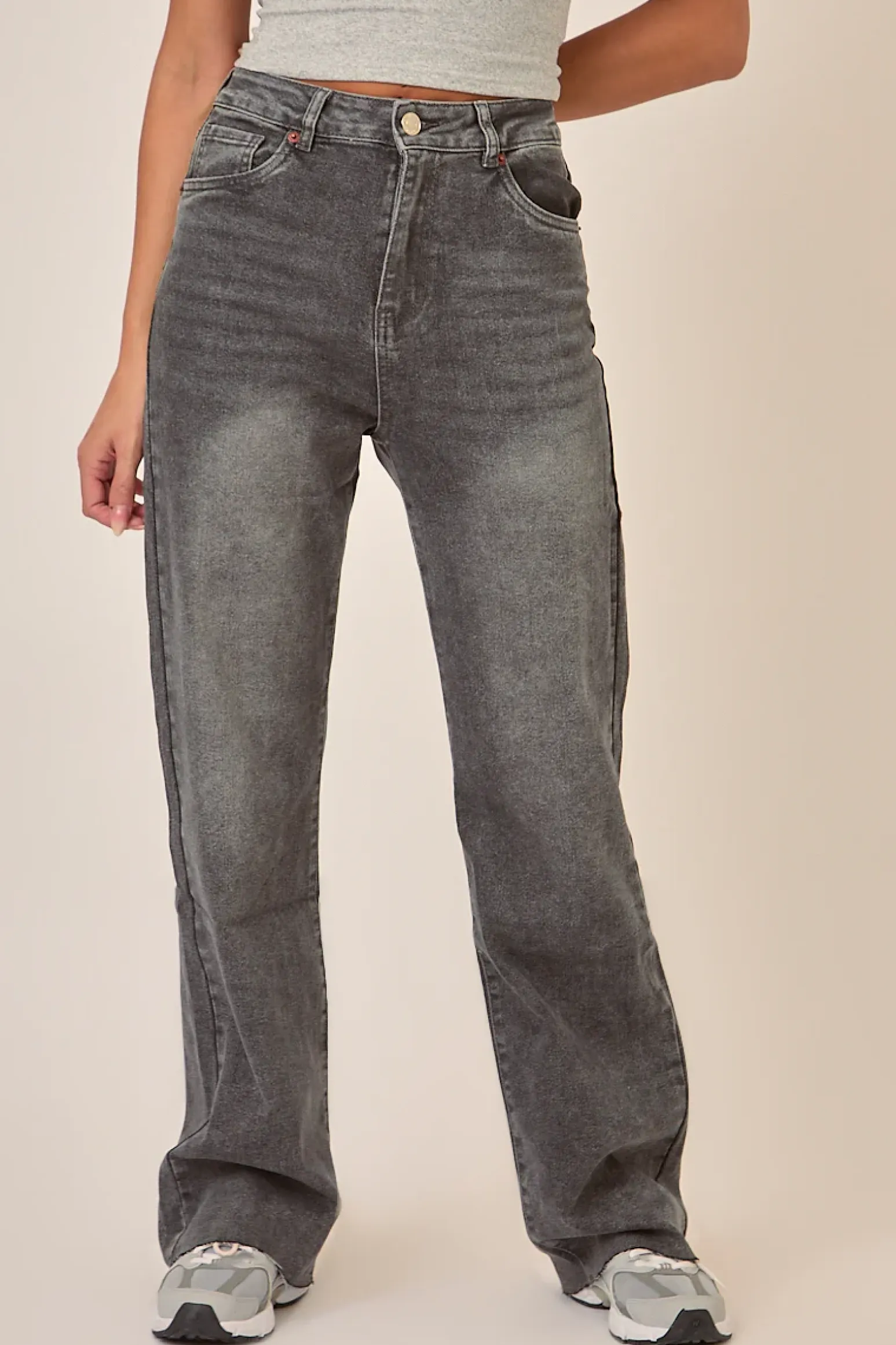 Rebellious Fashion Washed Grey Stretch Straight Leg Frayed Hem Jeans - Scarlett