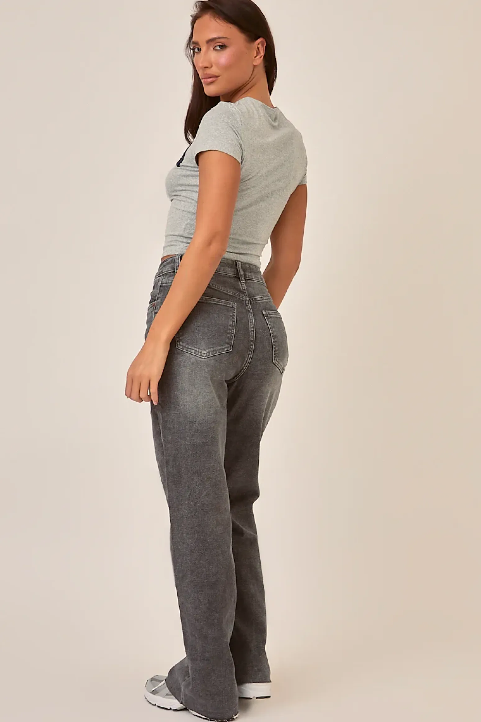 Rebellious Fashion Washed Grey Stretch Straight Leg Frayed Hem Jeans - Scarlett
