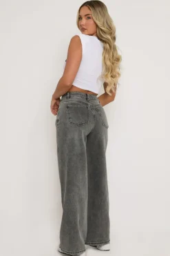 Rebellious Fashion Washed Grey Stretch Wide Leg Jeans - Teresa