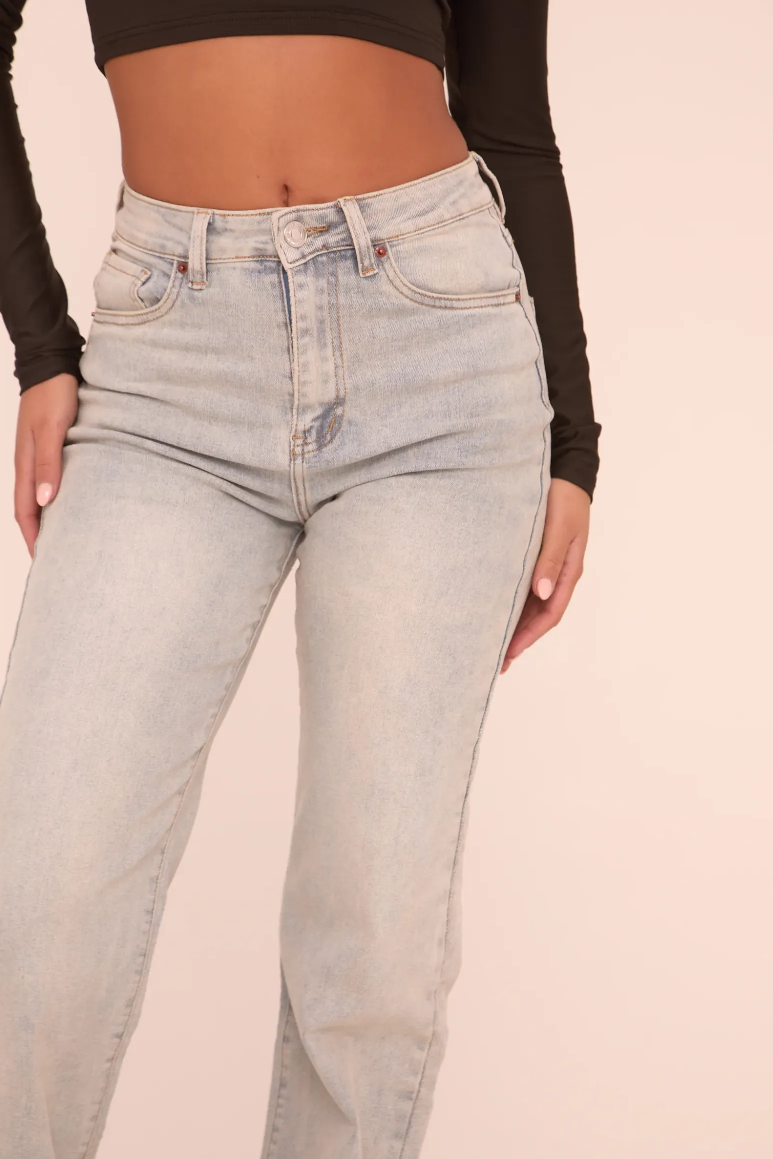 Rebellious Fashion Washed Light Blue Stretch Straight Leg Jeans - Brianna