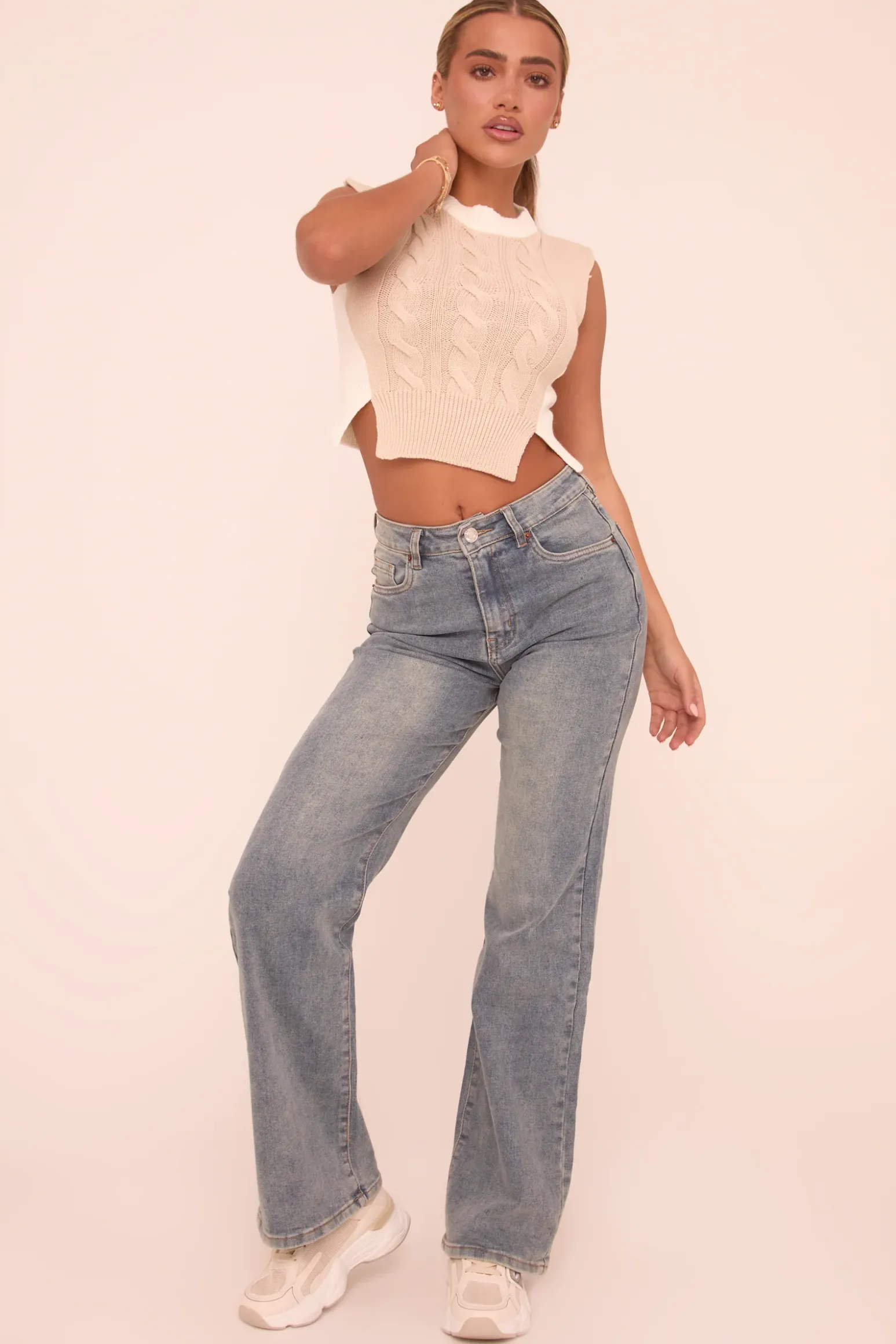 Rebellious Fashion Washed Mid Blue Stretch Straight Leg Jeans - Brianna