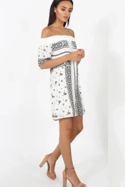 Rebellious Fashion White & Black Paisley Print Bardot Dress - Penny