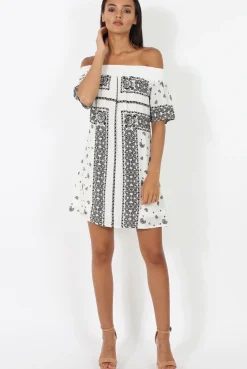 Rebellious Fashion White & Black Paisley Print Bardot Dress - Penny