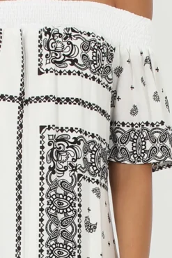 Rebellious Fashion White & Black Paisley Print Bardot Dress - Penny