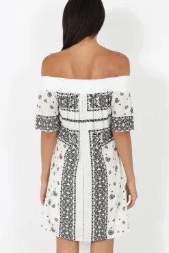 Rebellious Fashion White & Black Paisley Print Bardot Dress - Penny