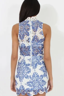 Rebellious Fashion White & Blue Crochet V Front Dress - Dacia