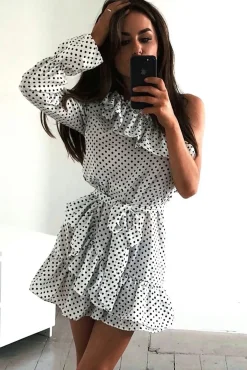 Rebellious Fashion White and Black Polka Dot One Shoulder Frill Dress - Zyann