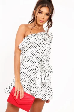 Rebellious Fashion White and Black Polka Dot One Shoulder Frill Dress - Zyann