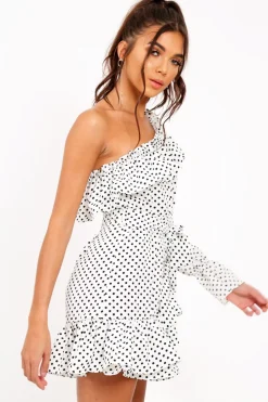 Rebellious Fashion White and Black Polka Dot One Shoulder Frill Dress - Zyann