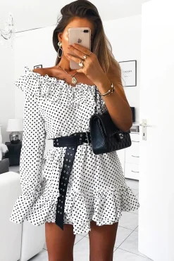 Rebellious Fashion White and Black Polka Dot One Shoulder Frill Dress - Zyann