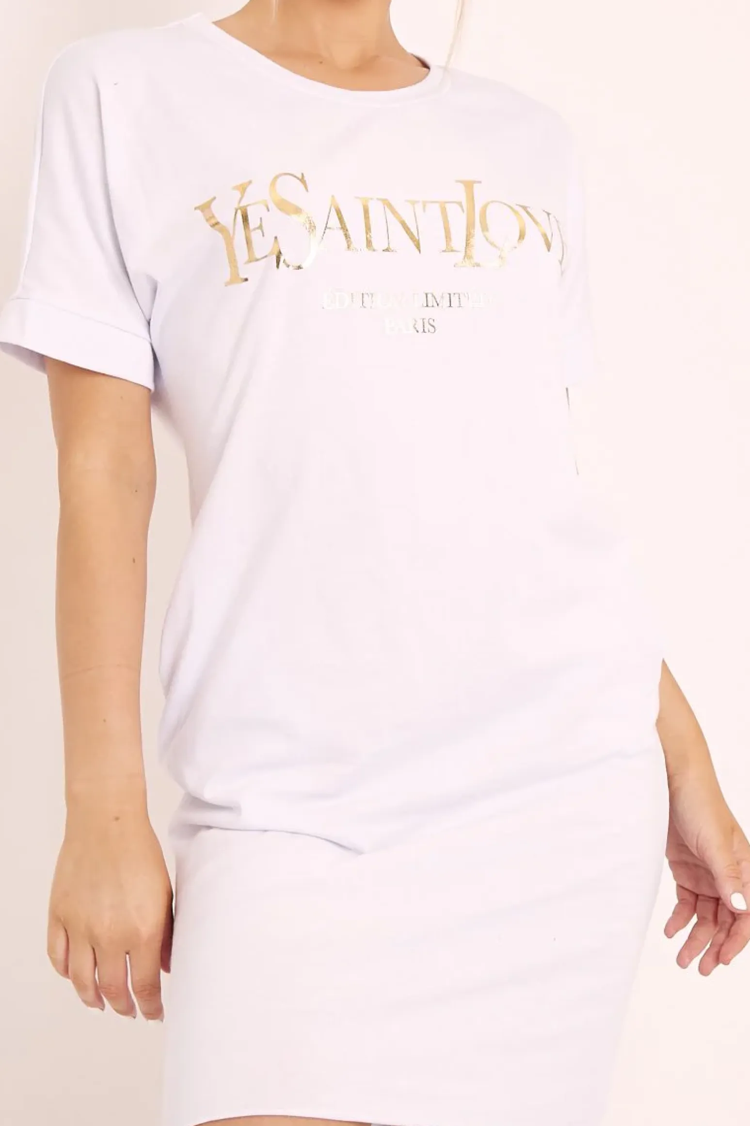 Rebellious Fashion White and Gold Parisian Slogan T-shirt Dress - Claire