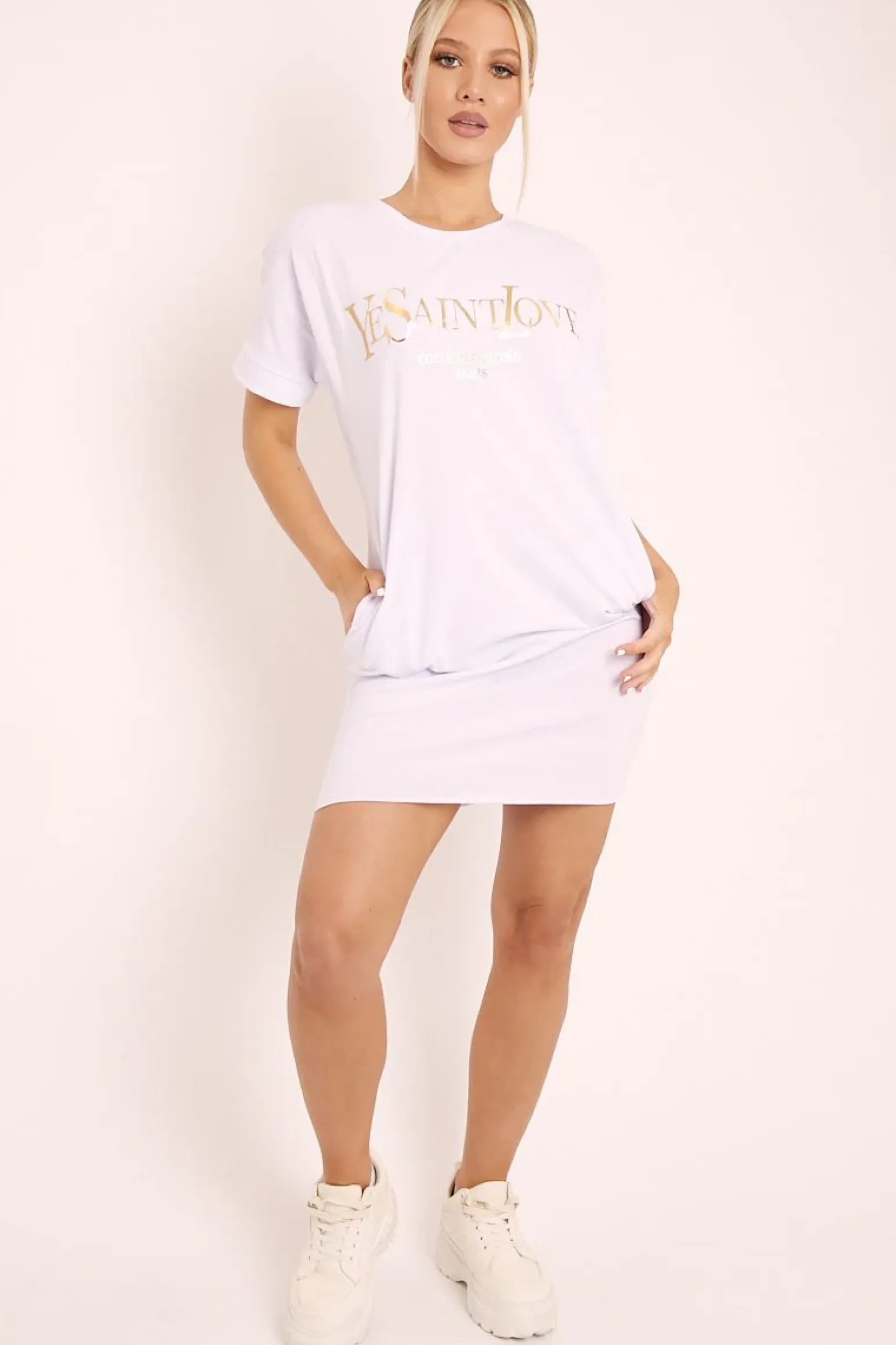 Rebellious Fashion White and Gold Parisian Slogan T-shirt Dress - Claire
