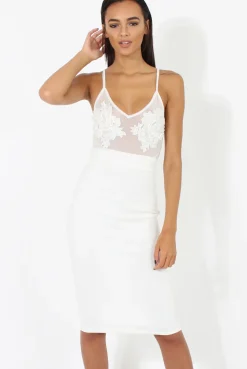 Rebellious Fashion White Applique Mesh Bodycon Dress - Tallulah