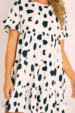 Rebellious Fashion White Black Cow Print Tiered Smock Dress - Makensi