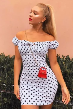 Rebellious Fashion White Black Polka Bardot Milkmaid Dress - Roya