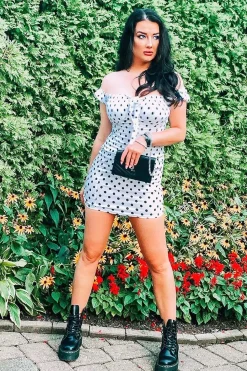 Rebellious Fashion White Black Polka Bardot Milkmaid Dress - Roya