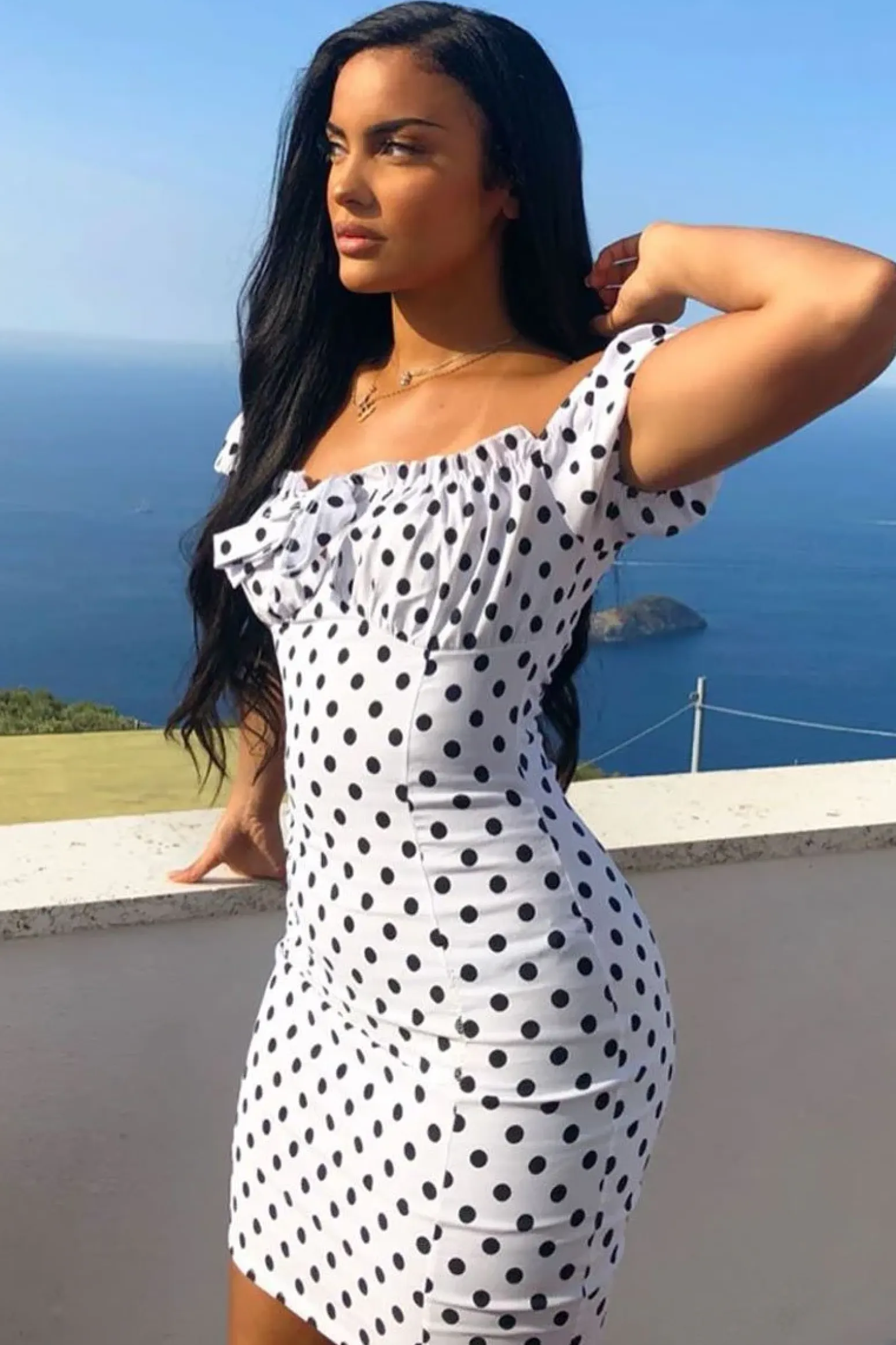 Rebellious Fashion White Black Polka Bardot Milkmaid Dress - Roya