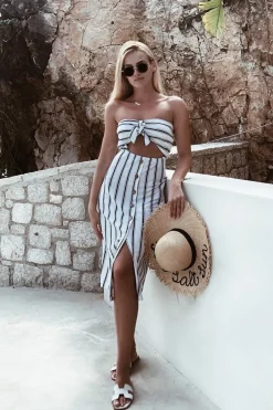 Rebellious Fashion White Black Stripe Bandeau Tie Front Midi Dress - Lodema
