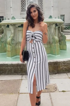 Rebellious Fashion White Black Stripe Bandeau Tie Front Midi Dress - Lodema