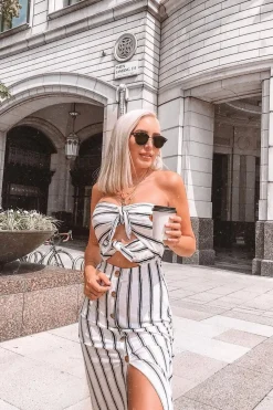 Rebellious Fashion White Black Stripe Bandeau Tie Front Midi Dress - Lodema