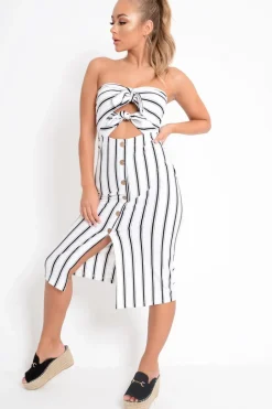 Rebellious Fashion White Black Stripe Bandeau Tie Front Midi Dress - Lodema