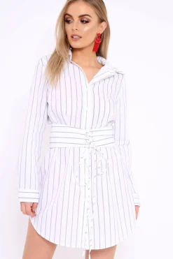 Rebellious Fashion White Black Stripe Corset Shirt Dress - Korrin
