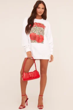 Rebellious Fashion White Cherry Print Oversized Sweatshirt Mini Dress - Jerry