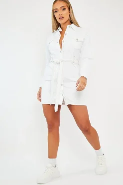 Rebellious Fashion White Contrast Stitch Belted Denim Dress - Donia