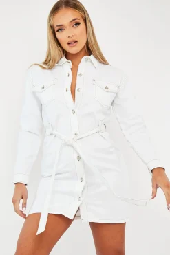 Rebellious Fashion White Contrast Stitch Belted Denim Dress - Donia