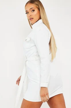 Rebellious Fashion White Contrast Stitch Belted Denim Dress - Donia