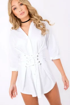 Rebellious Fashion White Corset Front Shirt Dress - Malika