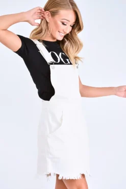 Rebellious Fashion White Denim Distressed Dungaree Dress - Crescentia