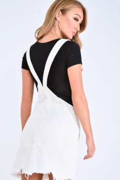Rebellious Fashion White Denim Distressed Dungaree Dress - Crescentia
