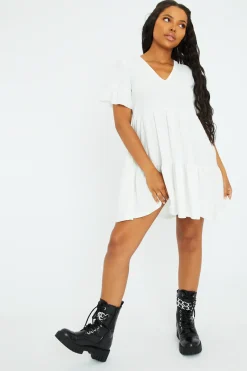 Rebellious Fashion White Frill Smock Dress - Ruth