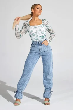 Rebellious Fashion White Green Marble Puff Sleeve Bodysuit - Deana