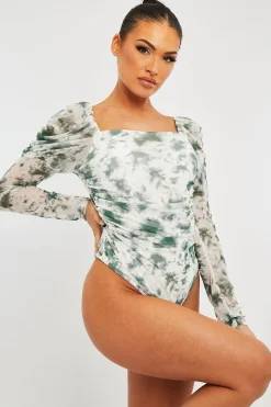 Rebellious Fashion White Green Marble Puff Sleeve Bodysuit - Deana