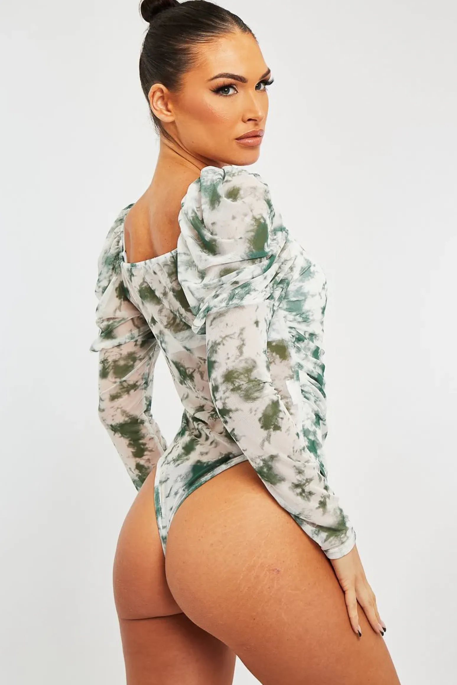 Rebellious Fashion White Green Marble Puff Sleeve Bodysuit - Deana