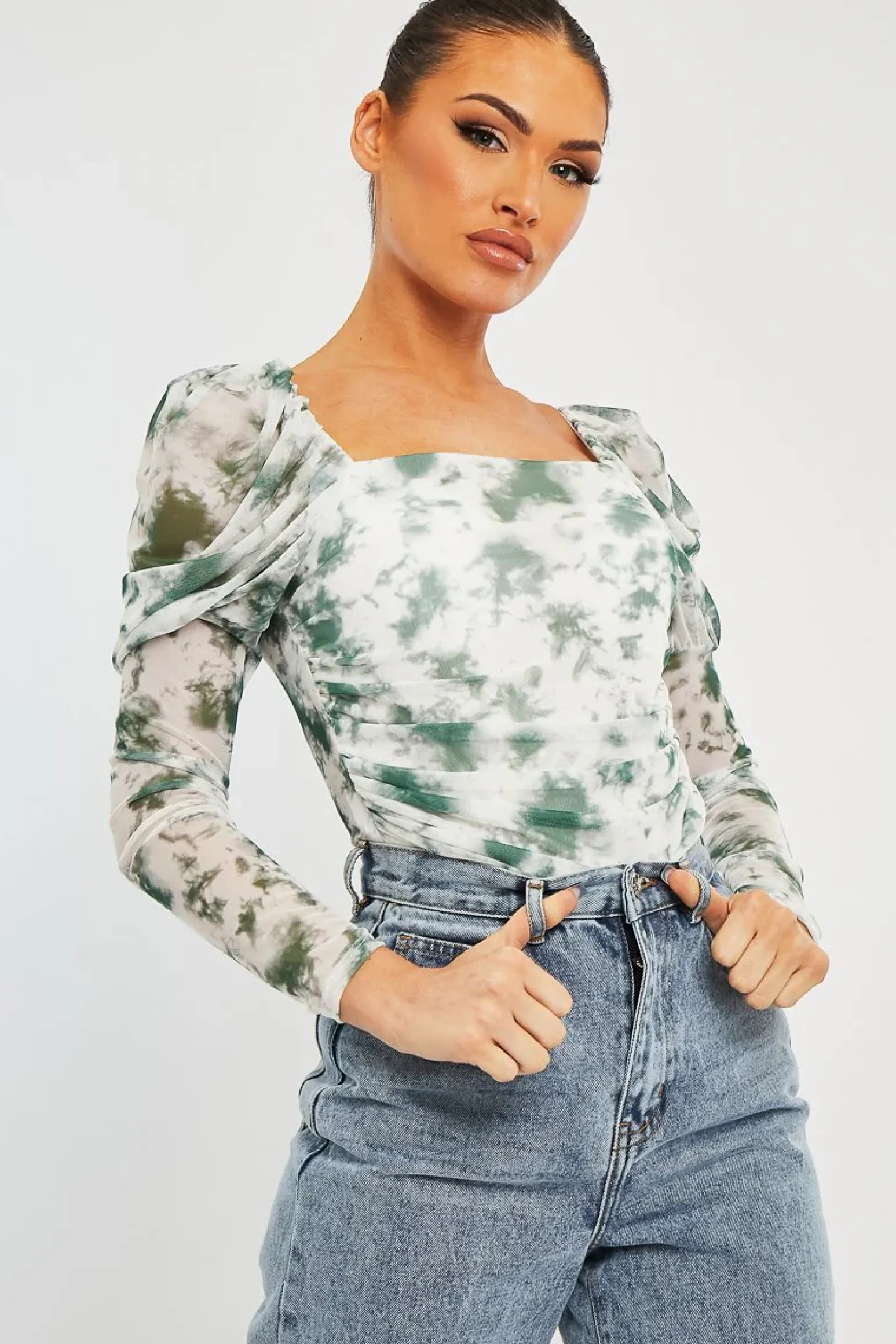 Rebellious Fashion White Green Marble Puff Sleeve Bodysuit - Deana
