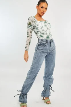 Rebellious Fashion White Green Marble Puff Sleeve Bodysuit - Deana