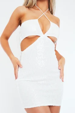 Rebellious Fashion White Halter Neck Cut Out Sequin Mini Dress - Elisa