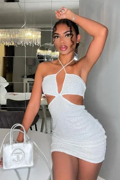 Rebellious Fashion White Halter Neck Cut Out Sequin Mini Dress - Elisa