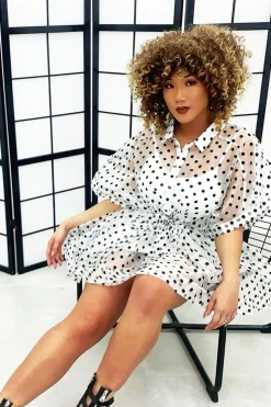 Rebellious Fashion White Organza Polka Slip Insert Shirt Dress - Nathalia