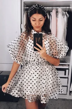 Rebellious Fashion White Organza Polka Slip Insert Shirt Dress - Nathalia